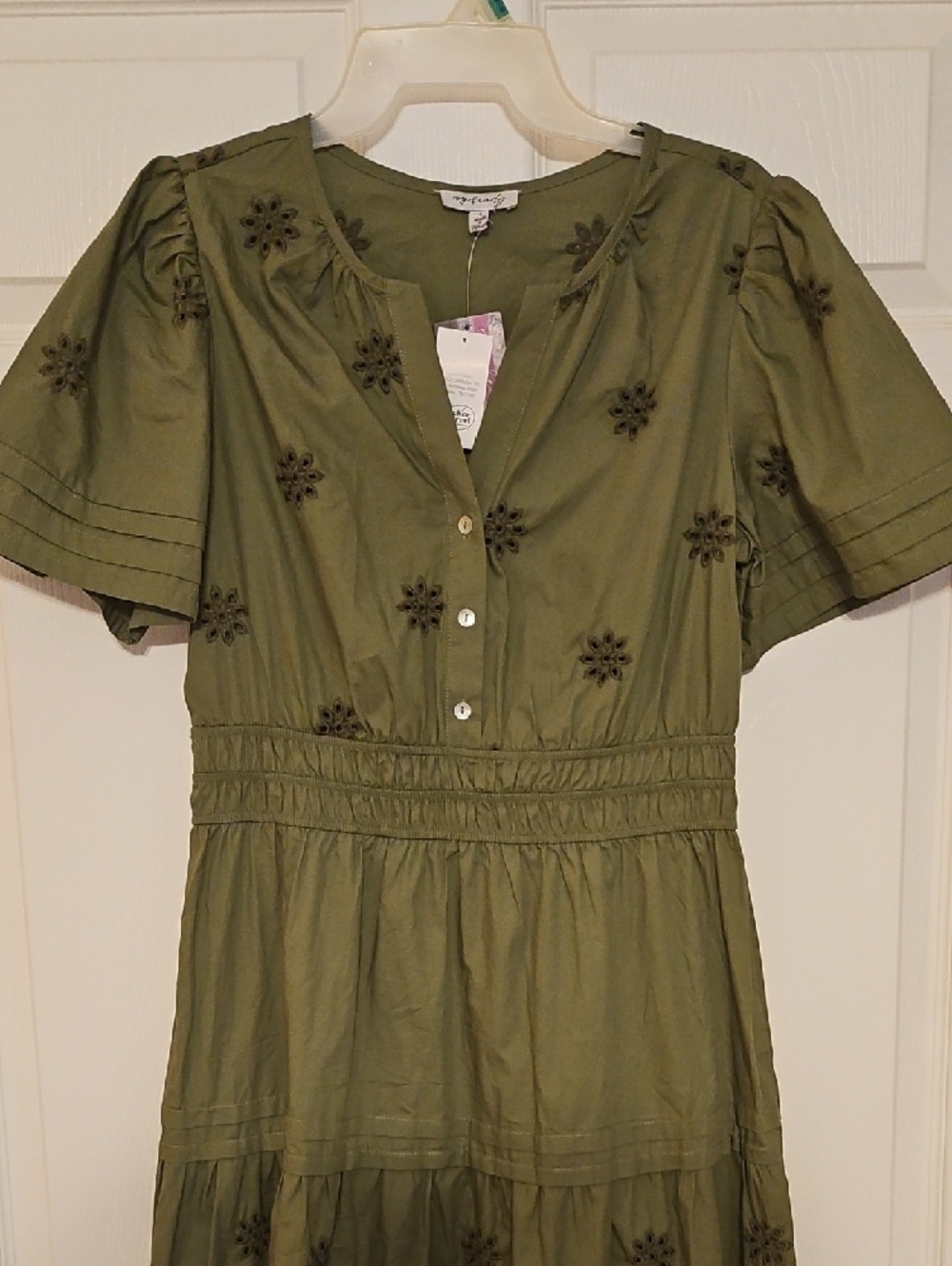 NWT Embroidered, Tiered Dress - Olive Green Cotton - Picture 4 of 13